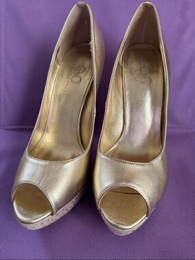 Jessica Simpson Metallic Gold Peep-Toe Platform Heels